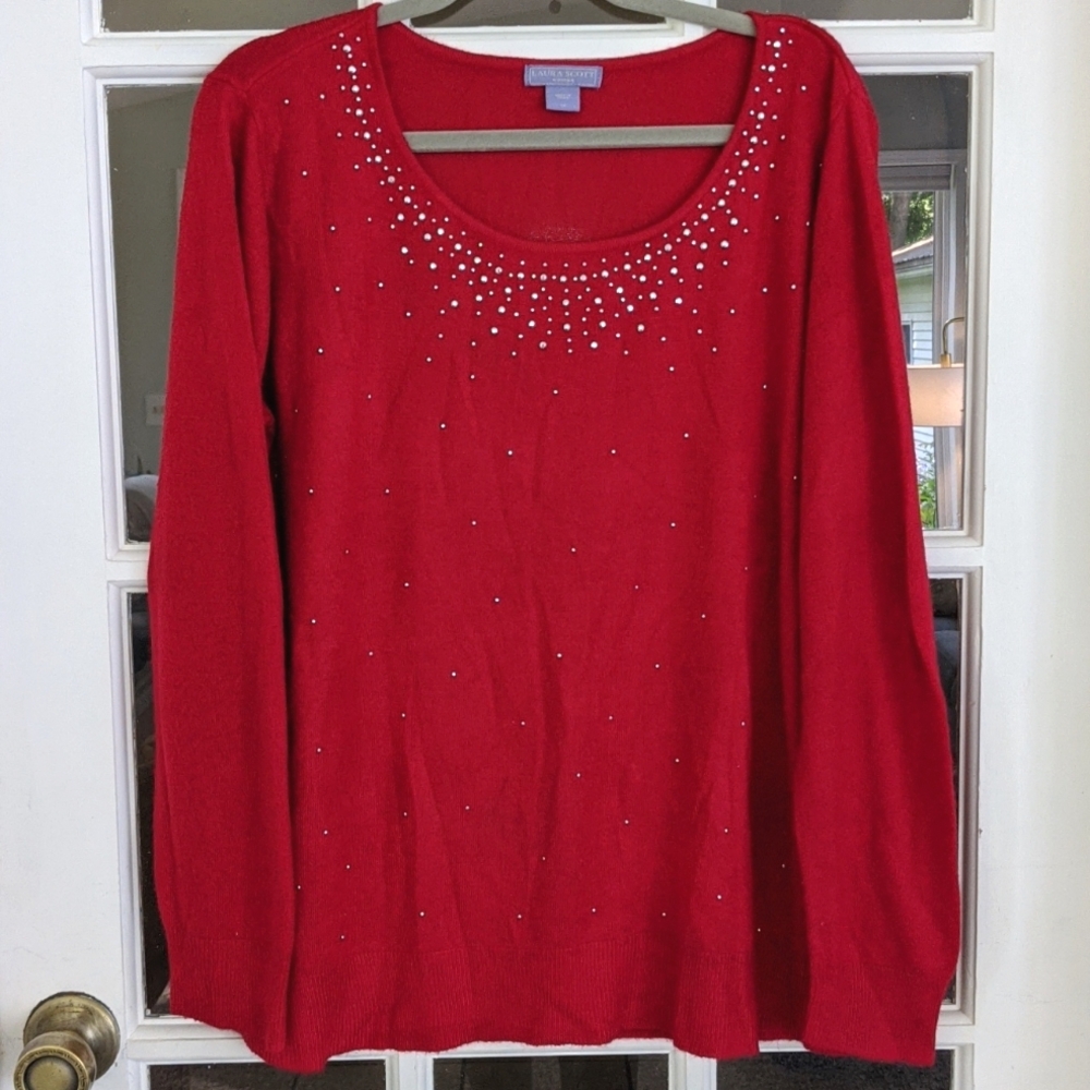 Women's 1X Red Embellished Long Sleeve Sweater Very Soft Christmas Holiday